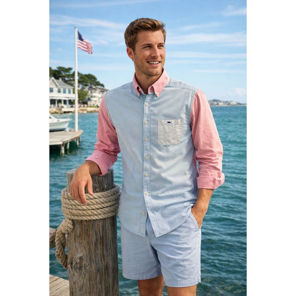 Vineyard Vines Mens Slim Fit Tucker Shirt‎ Colorblock Blue Pink Cotton L 1W1371